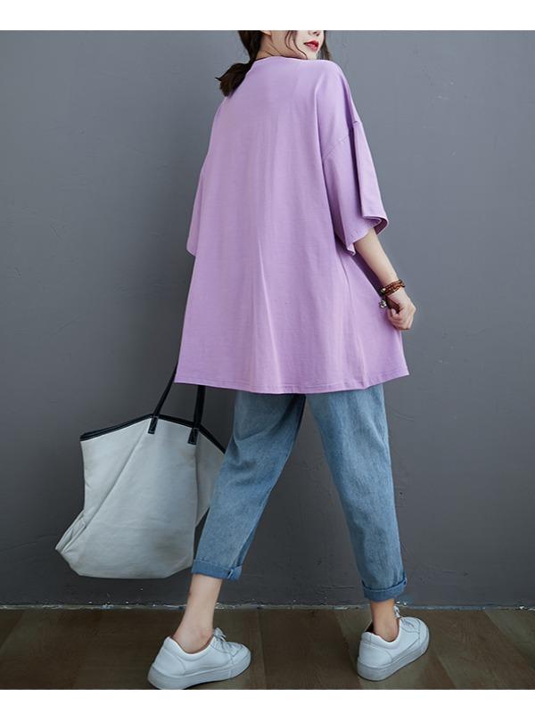 Loose Solid Color Bow-Embellished Half-Sleeve T-Shirt