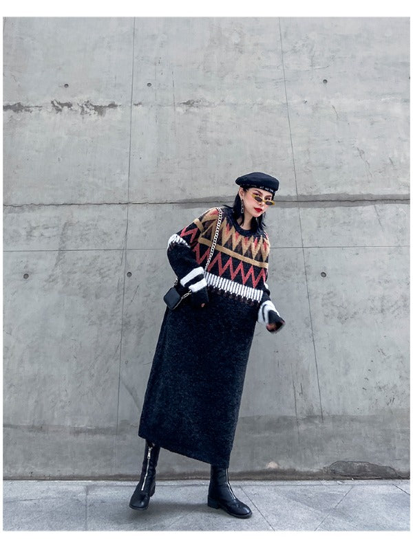 Loose Printed Round-Neck Knitting Sweater Dress