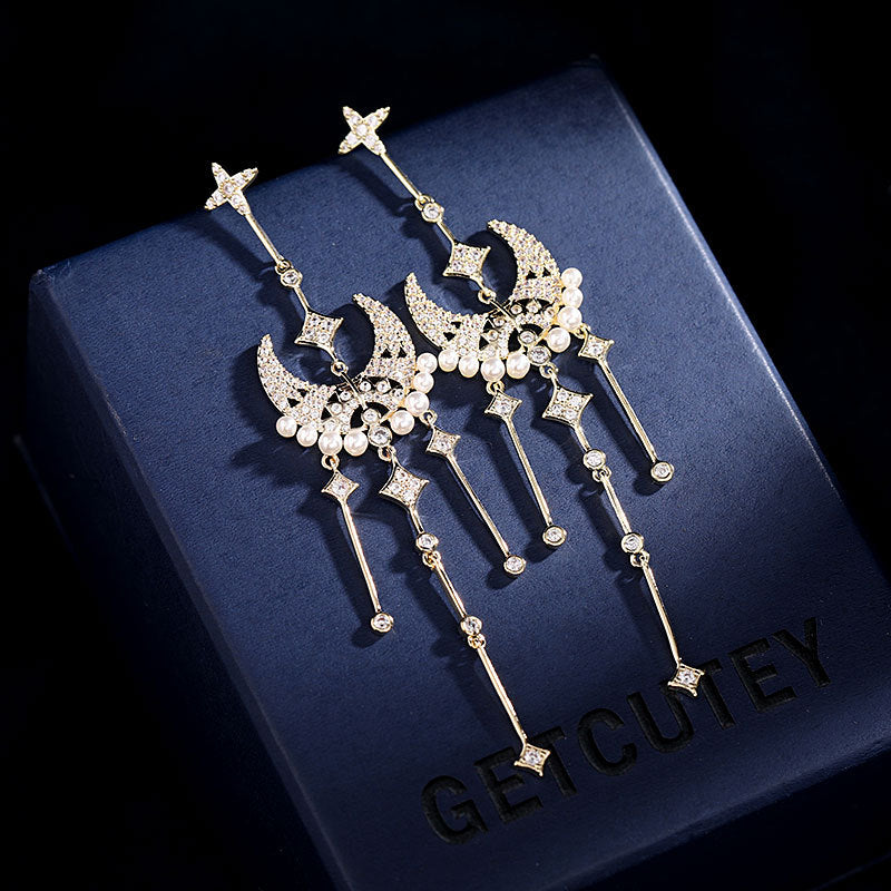 Star Moon pearl temperament long Tassel Earrings