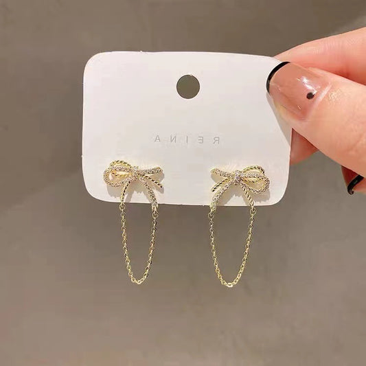 S925 silver needle tassel long bow earrings