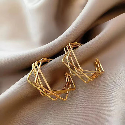 S925 silver needle minimalist geometric metal square C-shaped earrings