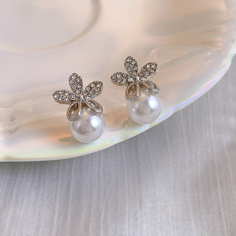 Flower Rhinestone Pearl 925 Silver Needle Earrings