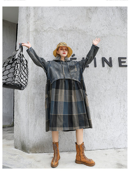 VINTAGE PLAID SPLIT-JOINT HOODIE MIDI DRESS