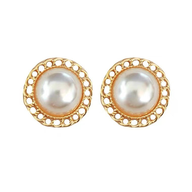 S925 silver needle round pearl hollow earrings