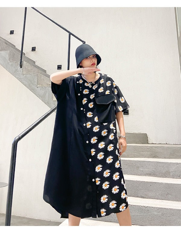 DAISY PRINT SPLICING CROPPED DRESS