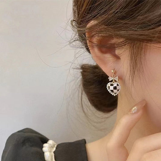 S925 silver needle pearl bow checkerboard earrings