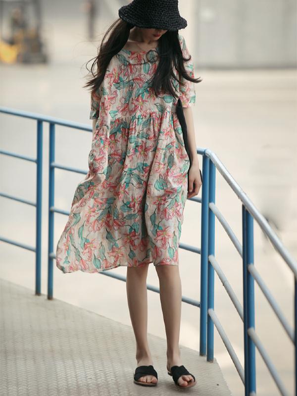 VINTAGE FLORAL PRINTED PLEATED SHORT DRESS
