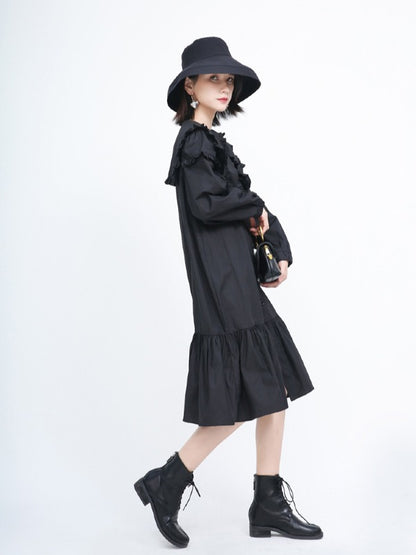 Loose Solid Ruffle Collar Cropped Falbala Dress