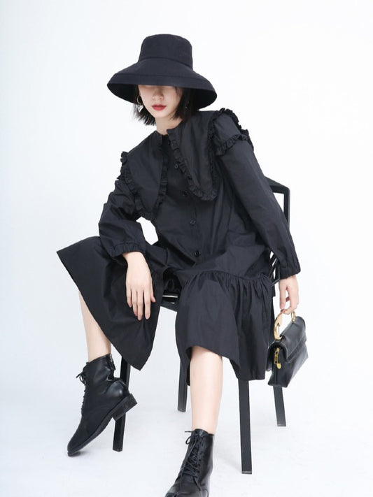 Loose Solid Ruffle Collar Cropped Falbala Dress