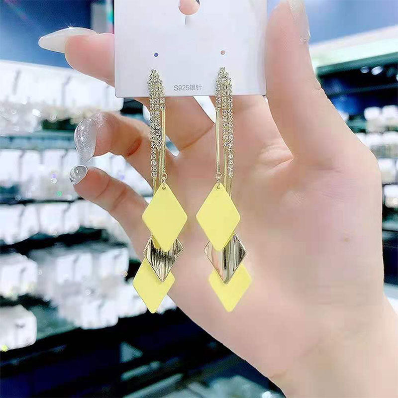 Bowknot geometric tassel long pearl rhinestone earrings