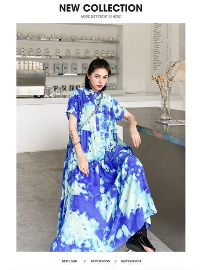Fashion Tie-Dyed Bishop Sleeve A-Line Dress