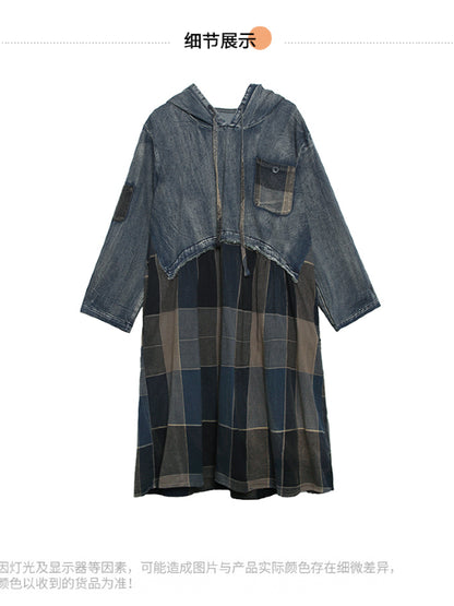 VINTAGE PLAID SPLIT-JOINT HOODIE MIDI DRESS