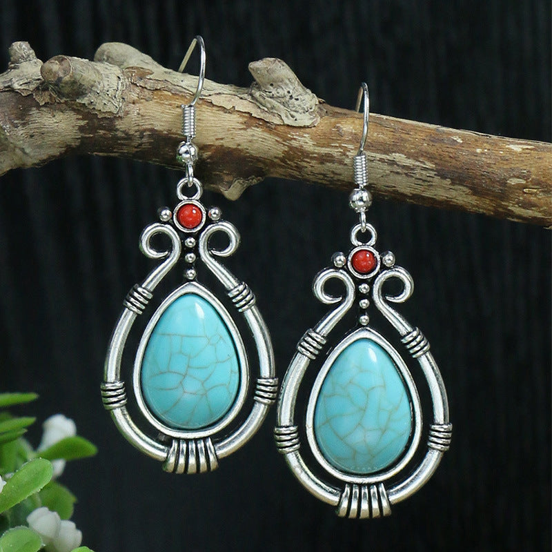 Silver geometric metal turquoise earrings