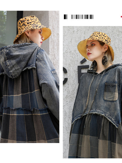 VINTAGE PLAID SPLIT-JOINT HOODIE MIDI DRESS