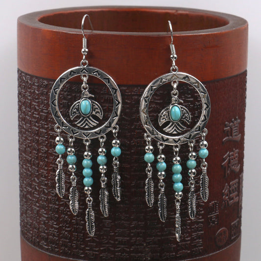 Bird Pendant Long Tassel Turquoise Earrings