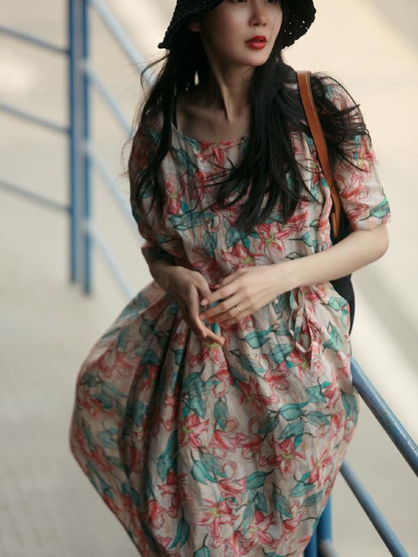 VINTAGE FLORAL PRINTED PLEATED SHORT DRESS