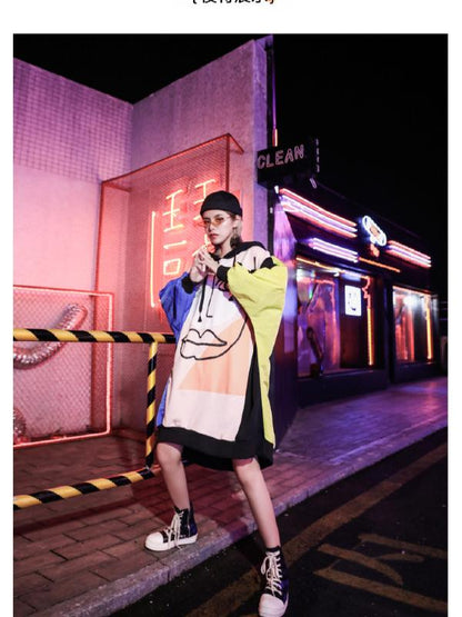 LOOSE PRINTED CONTRAST COLOR HOODIE OUTWEARS