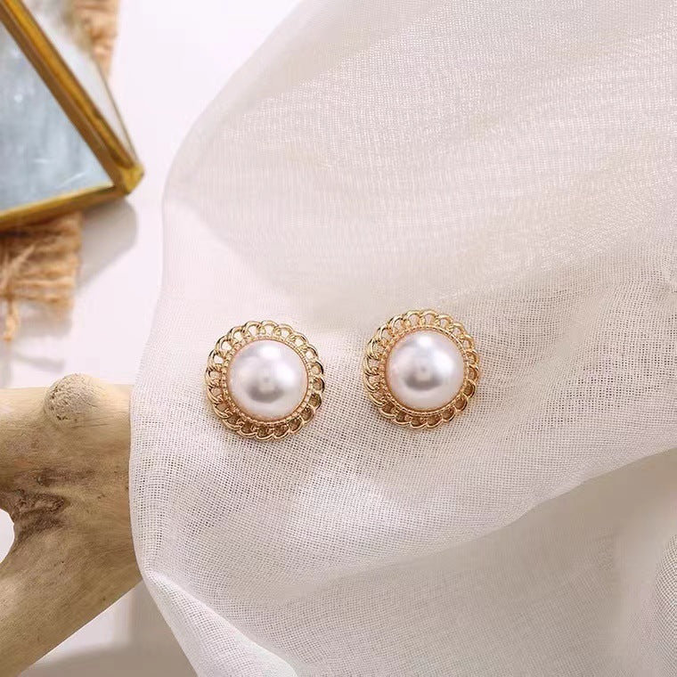 S925 silver needle round pearl hollow earrings
