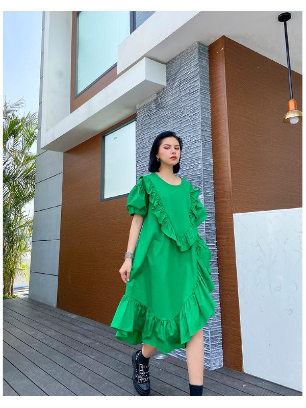 SOLID FALBALA BISHOP SLEEVE ASYMMETRIC MIDI DRESS