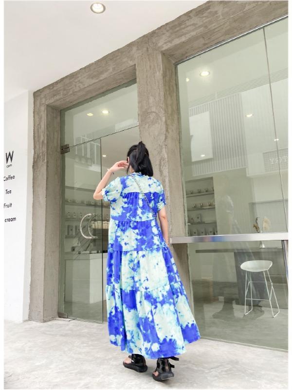 Fashion Tie-Dyed Bishop Sleeve A-Line Dress