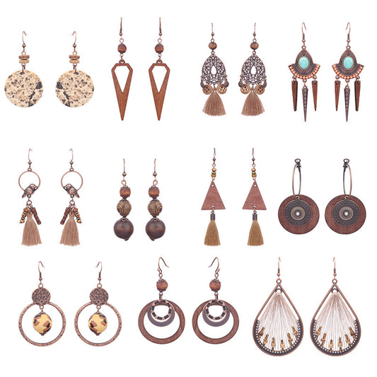 Female retro drop national wooden earrings