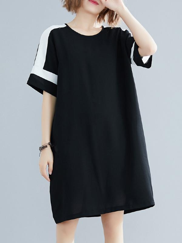 Plus Size Loose Chiffon Contrast Color Midi Dress