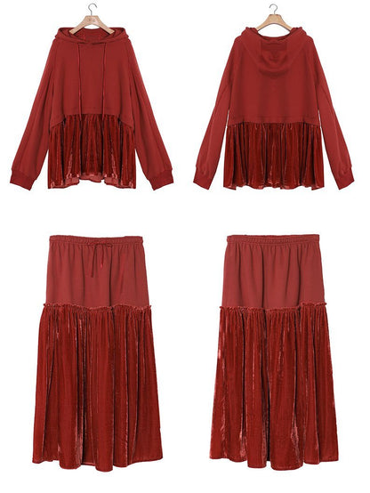 Autumn Spliced Crimson Sweatshirt And Calf Skirt