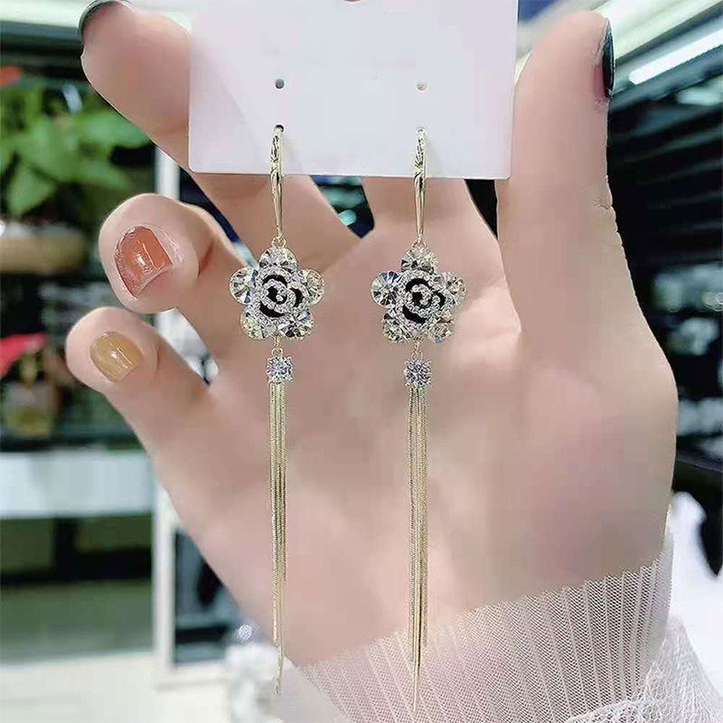 Bowknot geometric tassel long pearl rhinestone earrings