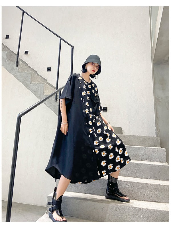 DAISY PRINT SPLICING CROPPED DRESS