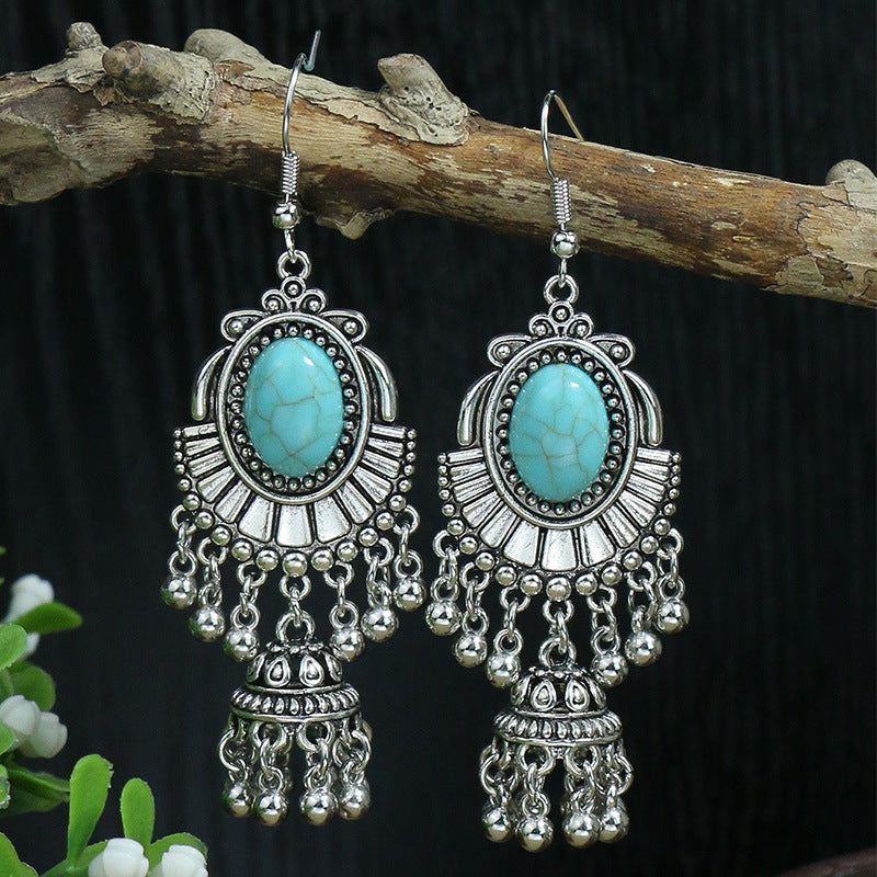 Silver geometric metal turquoise earrings