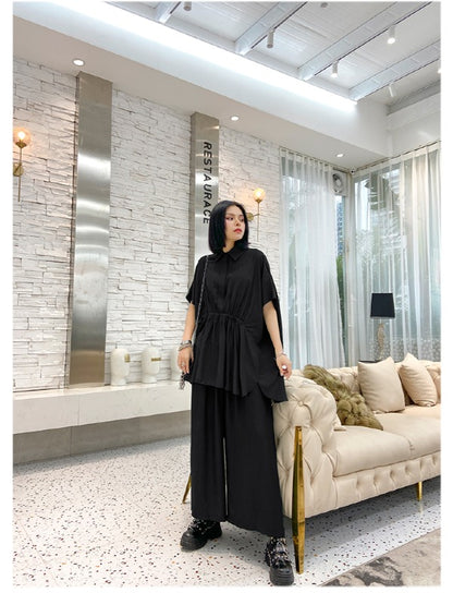 URBAN ELASTICITY BATWING SLEEVE LAPEL TOPS&WIDE LEG PANTS SUITS