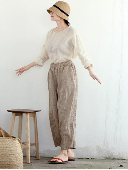VINTAGE SOLID LINEN ELASTIC WAIST PANTS