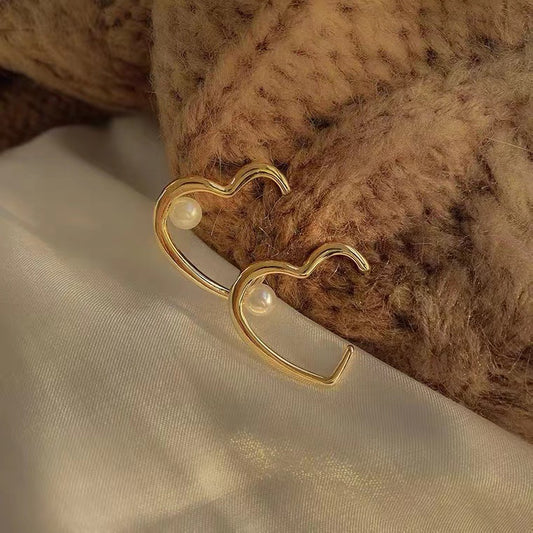 S925 Silver Needle Pearl Heart Geometric Heart Earrings