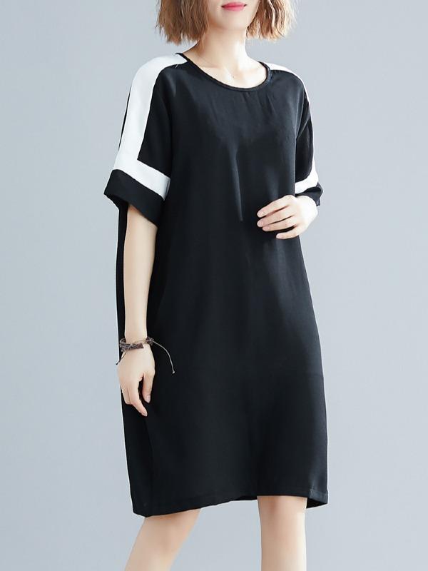 Plus Size Loose Chiffon Contrast Color Midi Dress