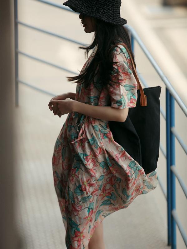 VINTAGE FLORAL PRINTED PLEATED SHORT DRESS