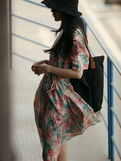 VINTAGE FLORAL PRINTED PLEATED SHORT DRESS