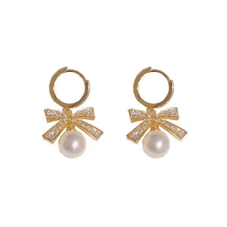 S925 silver needle new simple bow pearl earrings