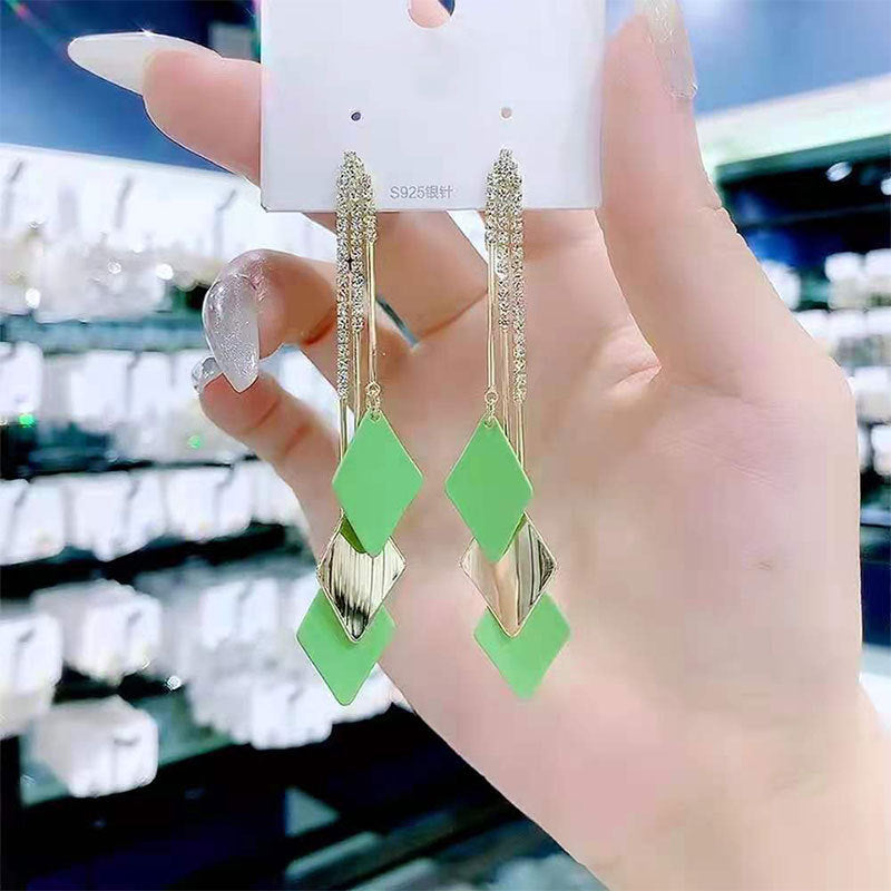 Bowknot geometric tassel long pearl rhinestone earrings