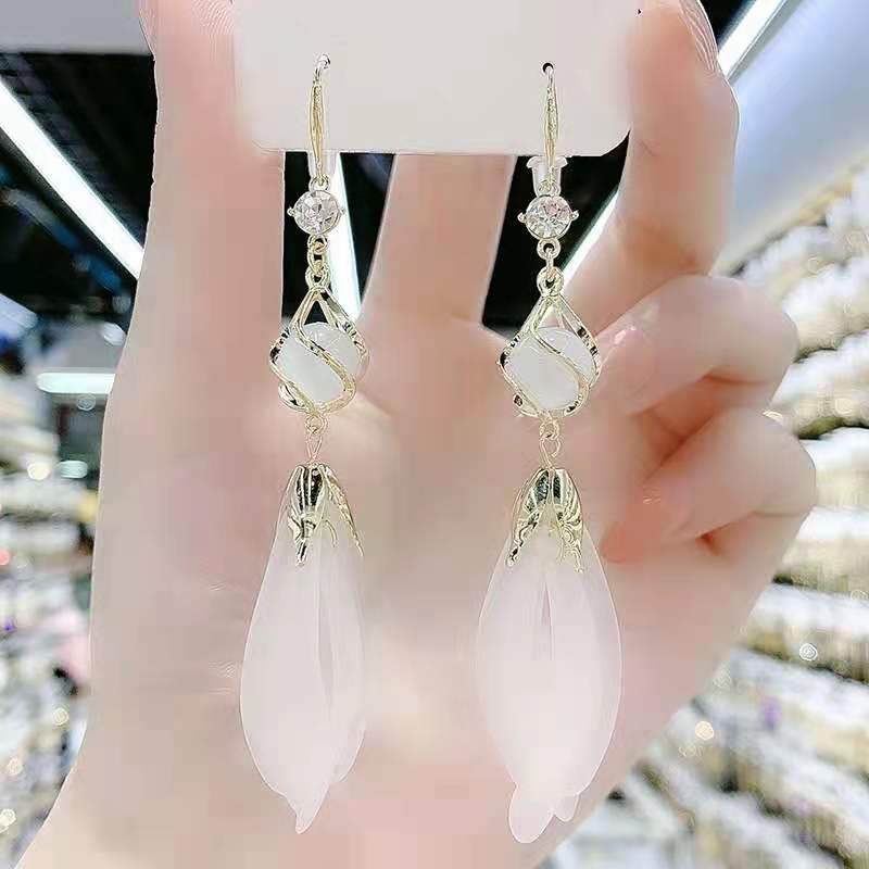 Bowknot geometric tassel long pearl rhinestone earrings