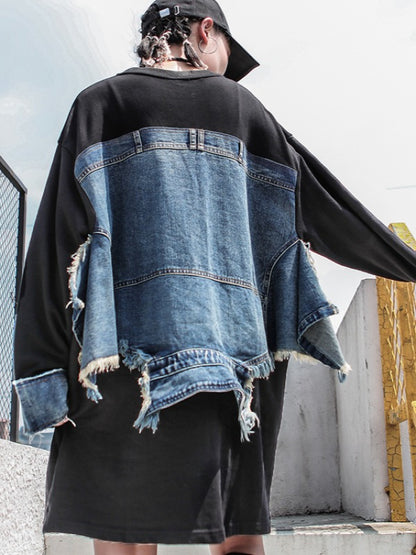 Stylish Loose Jean Cropped Splicing Print Hoodie