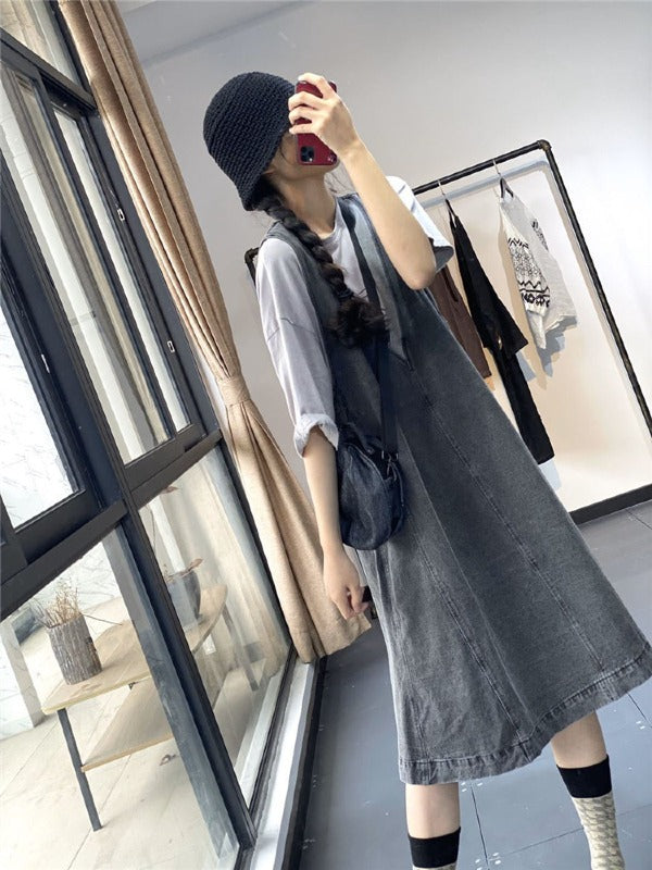 Loose Jean Splicing Contrast Color V-Neck Dress