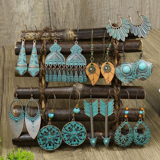 Wind leaf round openwork turquoise earrings