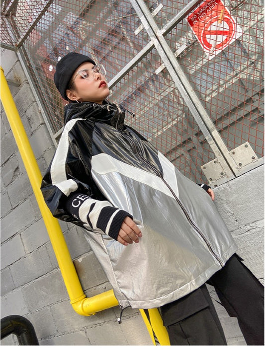 Vintage Loose Splicing Glossy Contrast Color Hood Outwear