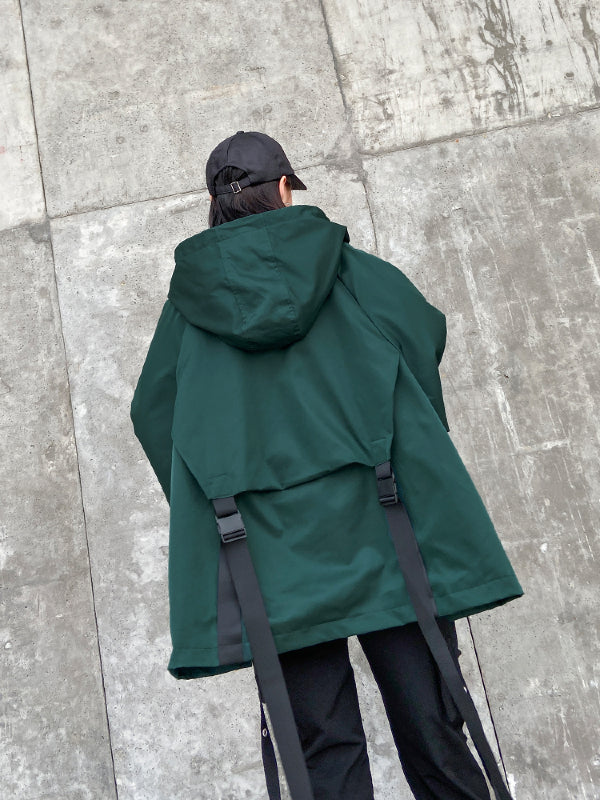 Stylish Loose Large Pocket Zipper Hood Outwear