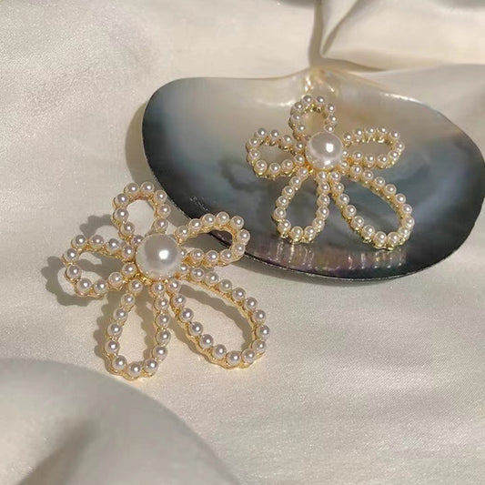 S925 silver needle pearl flower vintage openwork earrings