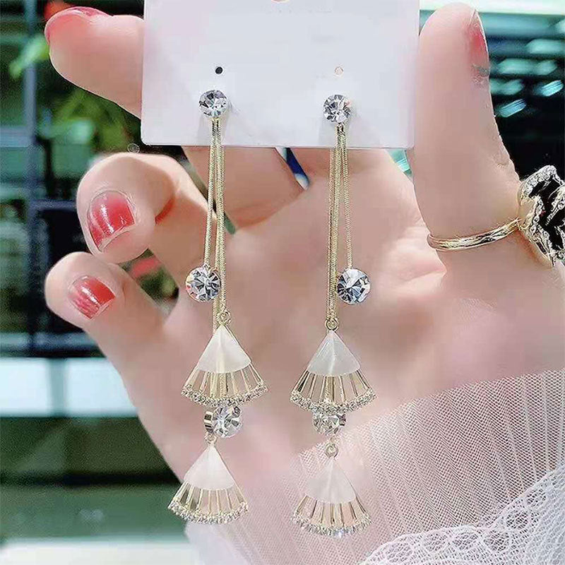 Bowknot geometric tassel long pearl rhinestone earrings