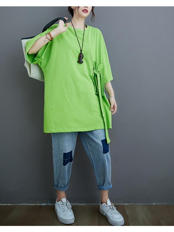 Loose Solid Color Bow-Embellished Half-Sleeve T-Shirt