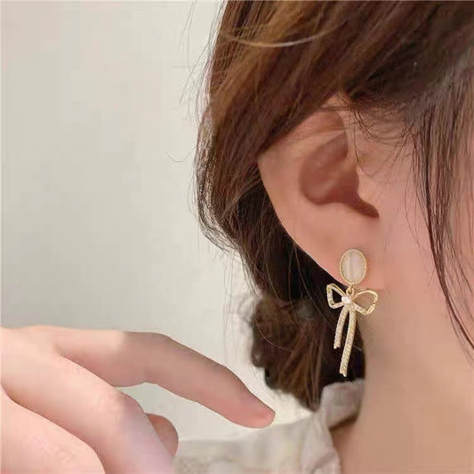 S925 silver needle opal set diamond bow simple earrings