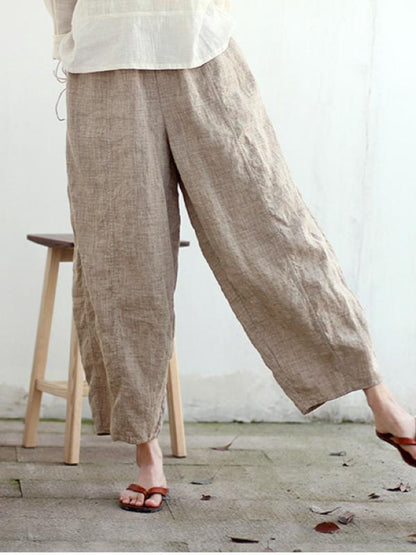 VINTAGE SOLID LINEN ELASTIC WAIST PANTS