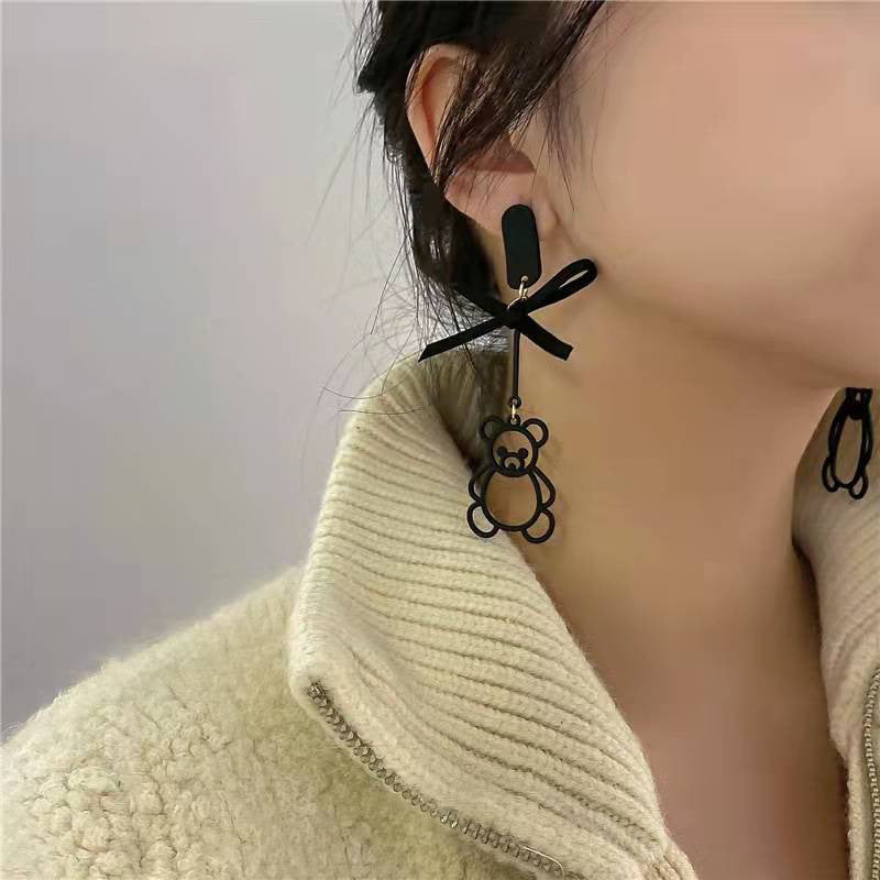 WHOLESALE BlackBowKnot cute bear long retro exaggerated earrings